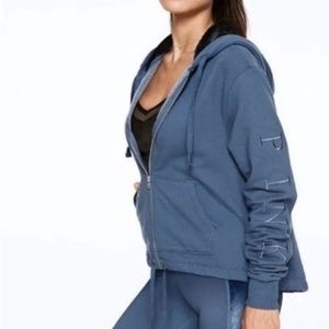 Pink/Victorias Secret | fuzzy hooded sweatshirt | dark blue + fuzzy black hood |